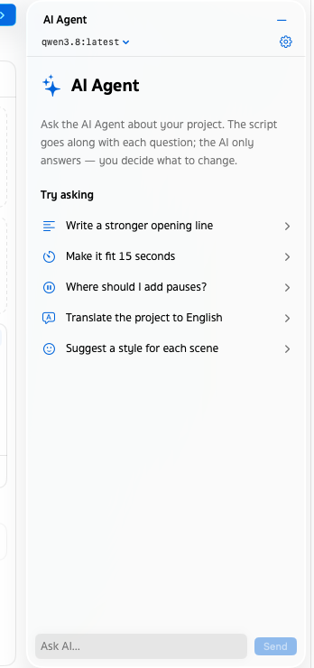 AI Agent panel on qwen3.8 with one-click questions such as Write a stronger opening line and Where should I add pauses?