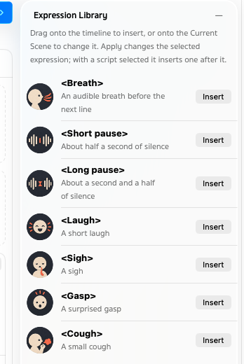 Expression Library: Breath, Short pause, Long pause, Laugh, Sigh, Gasp and Cough, each with a paper-collage icon and an Insert button