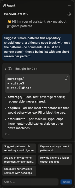 AI Agent panel answering a question with three suggested patterns and a short reason for each
