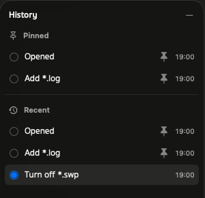 History panel: Opened and Add *.log pinned, recent edits ending with Turn off *.swp
