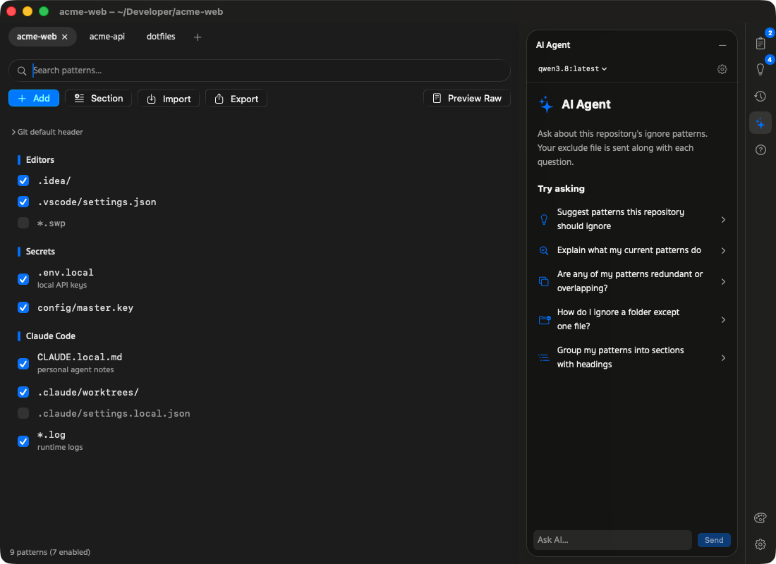 Git Exclude Manager window with repository tabs and ignore patterns