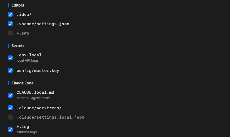 Editors, Secrets and Claude Code sections with checkboxes for patterns such as .idea/, .env.local and CLAUDE.local.md