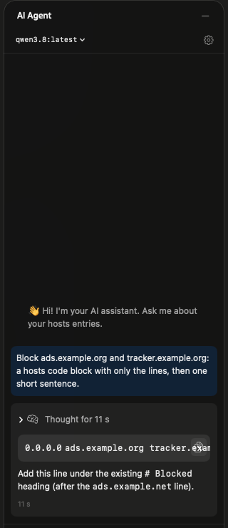 AI Agent answering how to block two domains: its thinking folded away, then a hosts code block and where to add it