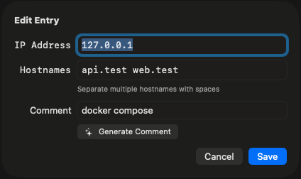Edit Entry sheet with IP address, hostnames, a comment and the Generate Comment button