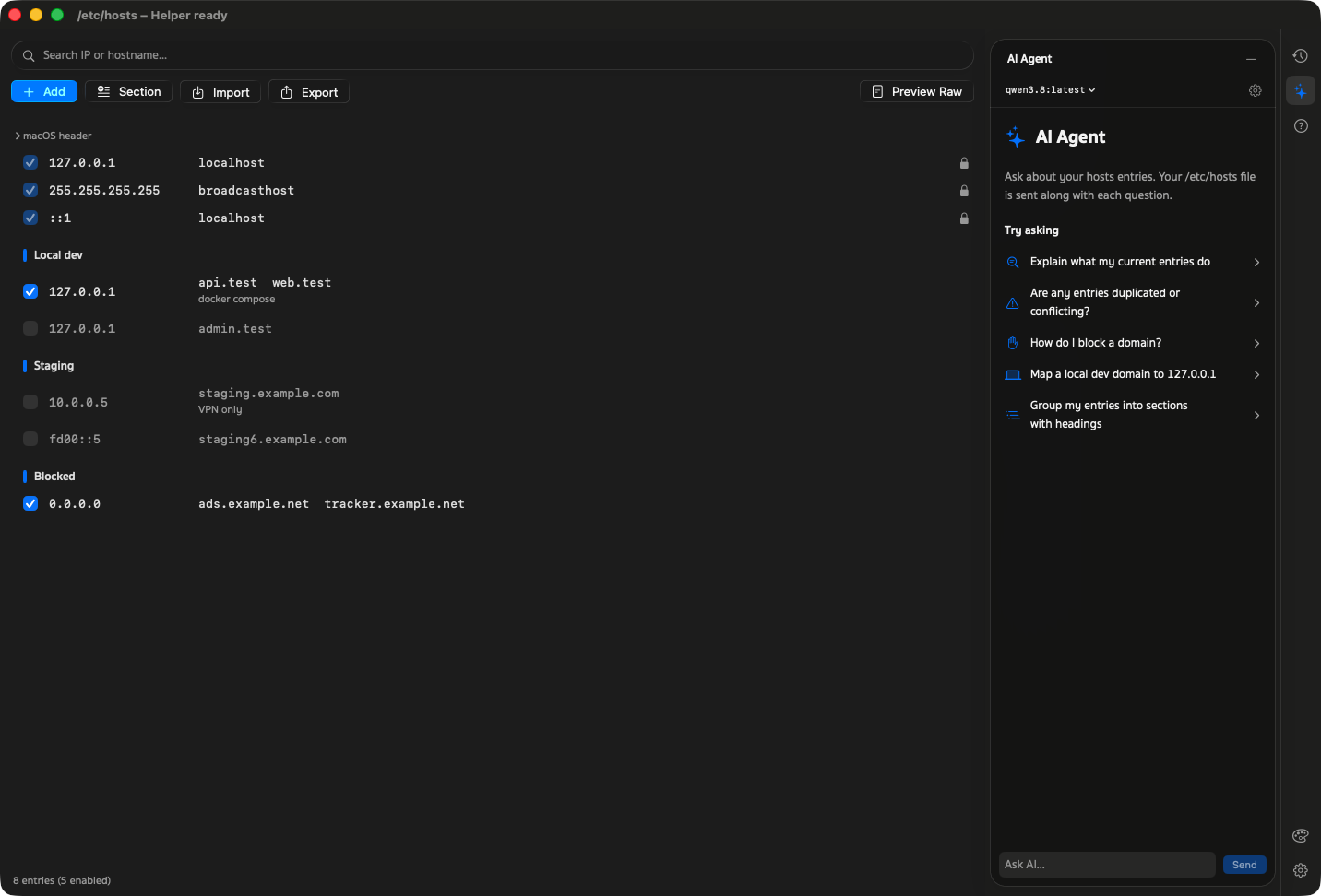 Hosts Manager window with sections of /etc/hosts entries