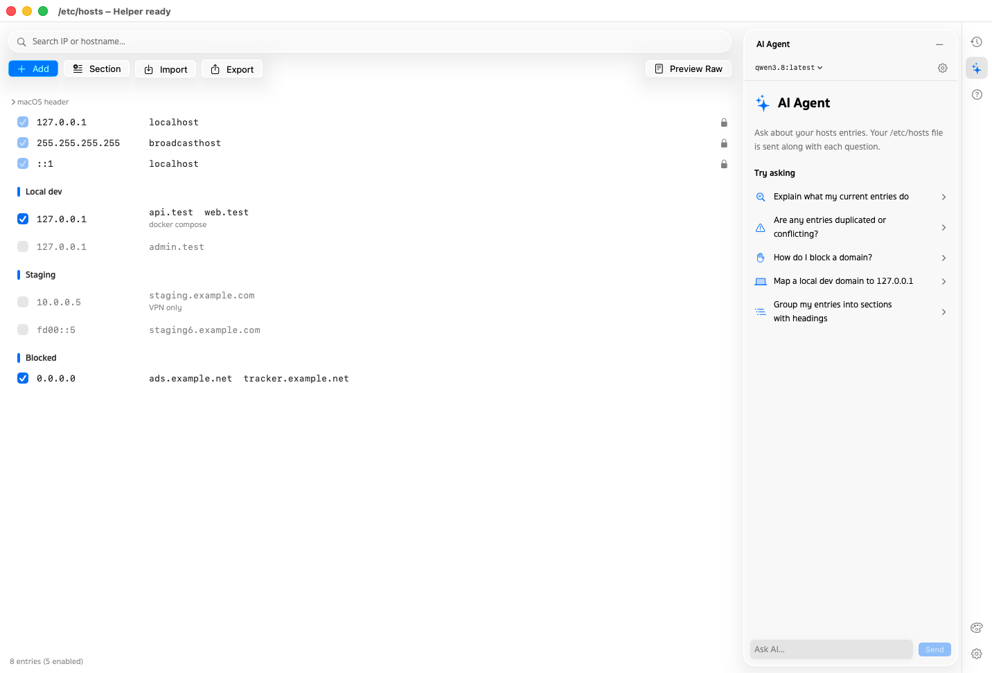 Hosts Manager window: /etc/hosts entries grouped into Local dev, Staging and Blocked sections, with the AI Agent panel on the right