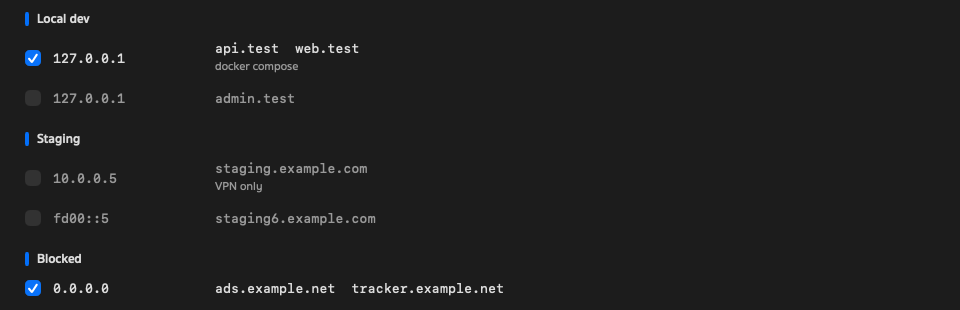 Local dev, Staging and Blocked sections with enabled and disabled entries