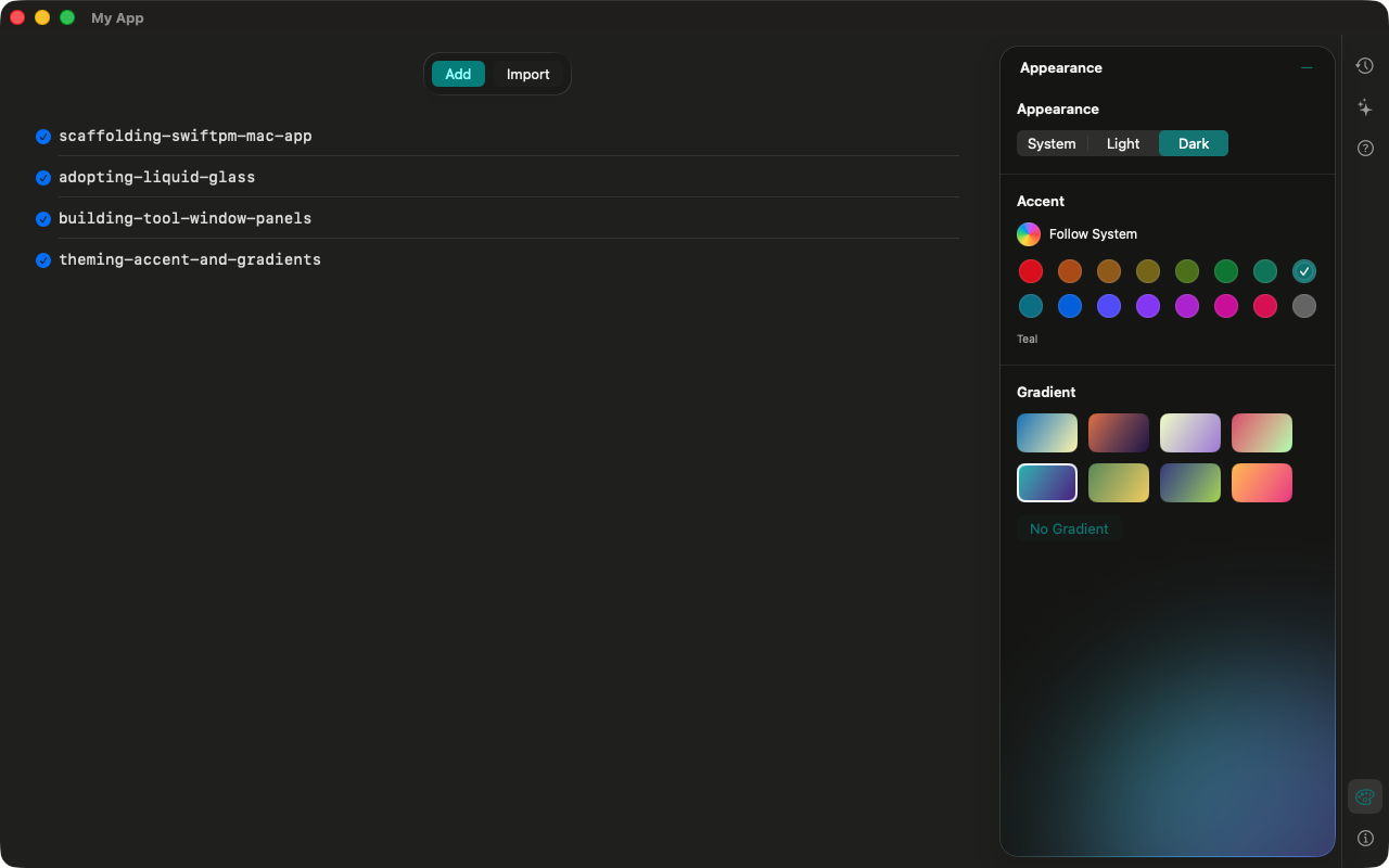 A Mac app built with the four skills: Liquid Glass tool window with the Appearance panel, 16 accent colours and 8 gradient themes